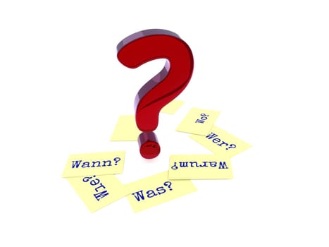 Glossy red question mark, six sticky notes on the ground with the German words Why, When, How, Where, What and Who on a white background, 3d rendering