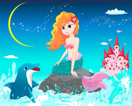 A beautiful mermaid sits on a sea stone. Mermaid and dolphin on a background of a night starry sky.