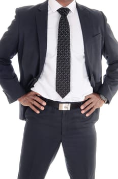 A close up image of the middle section on a tall handsome African.American man in suit and tie, isolated for white background.