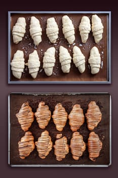 Before and after baked croissant with chocolate placed in a stainless steel tray