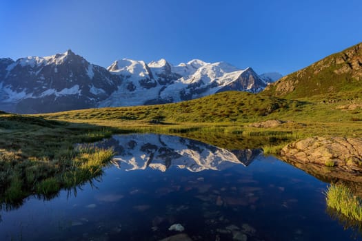 Mont Blanc massif reflected in lake. France
