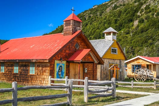 Old small wooden church in Villa O Higgins, small Chilean town at the end of Carretera Austral in Patagonia, Chile