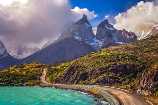 Road leading to stunning Cuernos del Paine in Patagonia, southern Chile