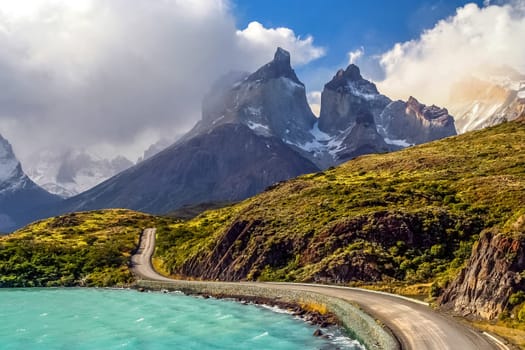 Road leading to stunning Cuernos del Paine in Patagonia, southern Chile