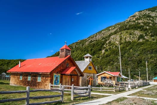 Old small wooden church in Villa O Higgins, small Chilean town at the end of Carretera Austral in Patagonia, Chile