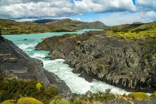 Beautiful and powerful Salto Grande waterfall in Torres del Paine National Park in Chile