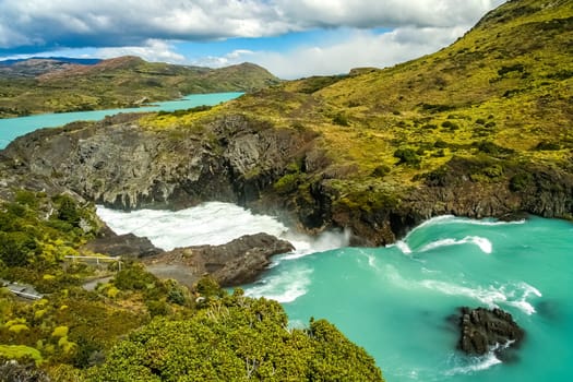 Beautiful and powerful Salto Grande waterfall in Torres del Paine National Park in Chile