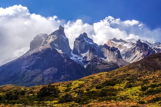 Stunning view of the Cuernos del Paine twin peaks in  Patagonia, southern Chile