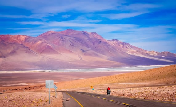Woman cycling on the paved road from Chile towards Altiplano in Bolivia