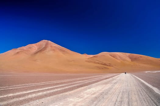 Lonely cyclist travelling through remote part of southern Altiplano, Bolivia