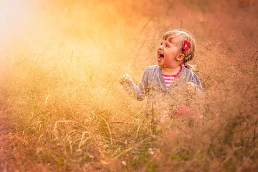 Cute little girl in the high grass in summer