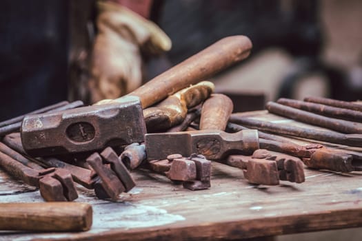 A blacksmith tools ready for work, summer medieval fair, Streatham, London
