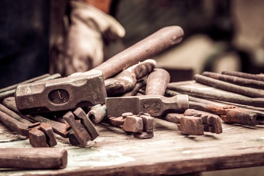 A blacksmith tools ready for work, summer medieval fair, Streatham, London