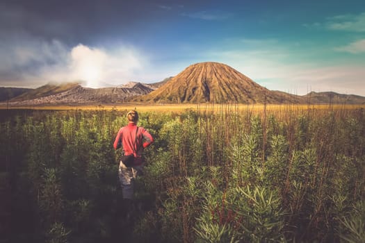 Female tourist walking through the high grass towards the craters of Gunung Bromo and Sumeru volcanoes in Java, Indonesia