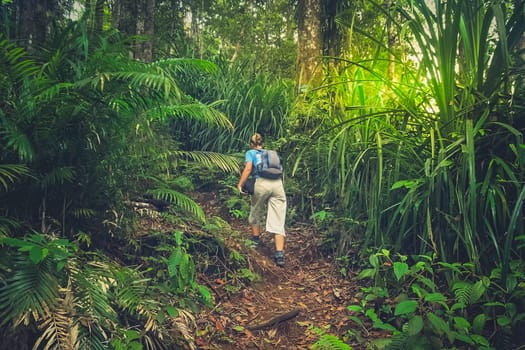 Girl walking up the jungle path to the summit of Gunung Rinjani volcano in Lombok, Indonesia