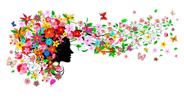 Silhouette of a woman's face among flowers and butterflies. Girl with flowers and butterflies.A girl with flowers and butterflies on her head and in her hair.