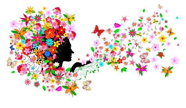 Silhouette of a woman's face among flowers and butterflies. Girl with flowers and butterflies.A girl with flowers and butterflies on her head and in her hair.