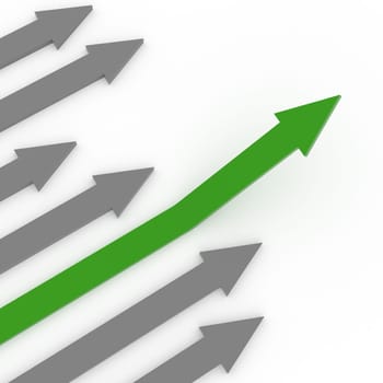 Green rising arrow on a white background, upswing concept, 3d rendering