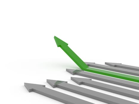 Green rising arrow on a white background, upswing concept, 3d rendering