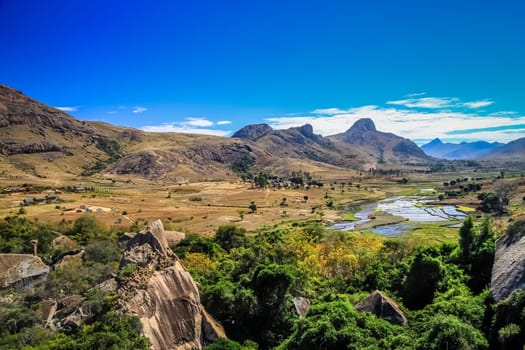 Ricefields as a part of stunning rural landscape of Madagascar central highlands