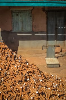 Pile of manioc for sale by kilo on the african market