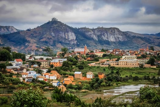 Landscape of Madagascar central highlands with small town in the valley