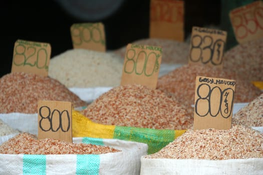 Bags of grain for sale in a Madagascar market