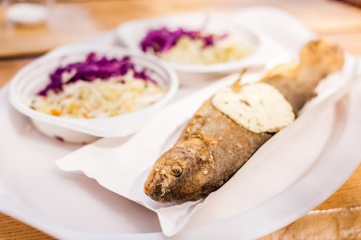 Grilled fish with salad on a takeaway dishes