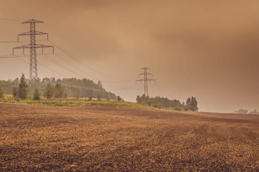 Electric poles in the countryside in Poland