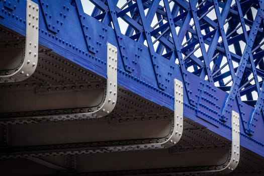 Close up of a blue railway bridge near Waterloo station in London