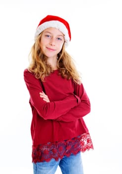 blond girl with Santa- Claus cap in front of white background