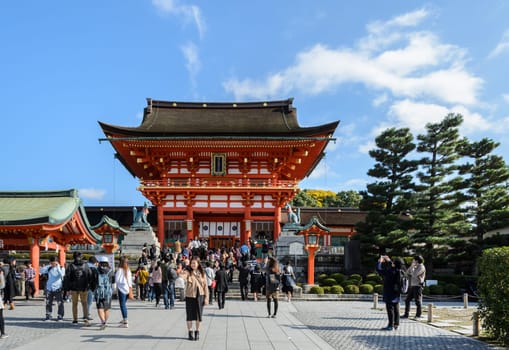 KYOTO, JAPAN -NOVEMBER 22, 2016: The main gate of Fushimi Inari Taisha Shrine in Kyoto, Japan
