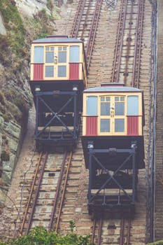 The East Hill Cliff Funicular cable lift Railway in Hastings on a cold winter day