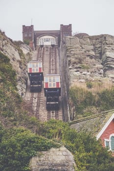 The East Hill Cliff Funicular cable lift Railway in Hastings on a cold winter day