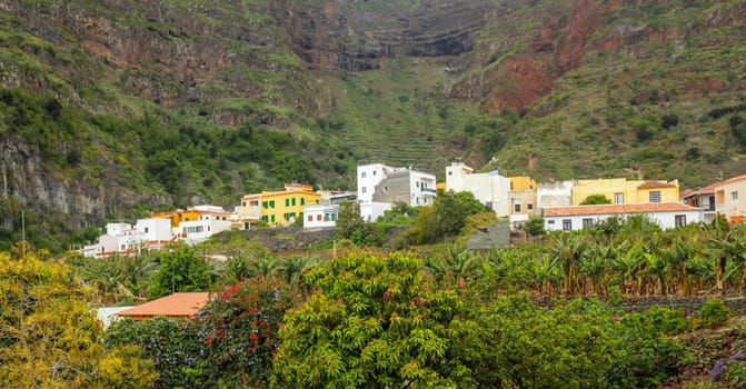 Hillside homes in Vallehermoso on the island of La Gomera, Canary Islands, Spain