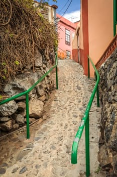 Narrow street of Vallehermoso, little town on La Gomera Island, Canaries, Spain