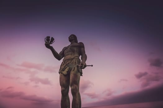Statue of Hautacuperche, Guanche King, in La Puntilla, Valle Gran Rey, La Gomera Island, Canary Islands, Spain. Hautacuperche was a guanche warrior who led an uprising against the Spanish in 1488