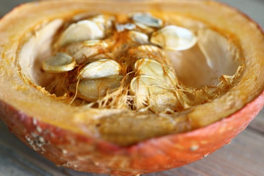 Detail of the cut pumpkin - pumpkin seeds