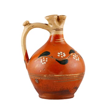 Detail of the old ceramic flagon on white background.