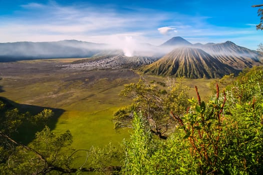 Early morning after sunrise view of the spectacular Gunung Bromo and Sumeru volcanoes in Java, Indonesia
