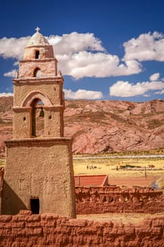 Small old church in a small bolivian village on the way from Curahuara to La Junta near Oruro, Bolivia