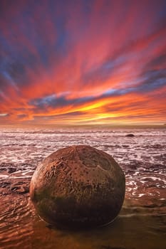 Moeraki boulder on the beach during low tide, Moeraki, New Zealand
