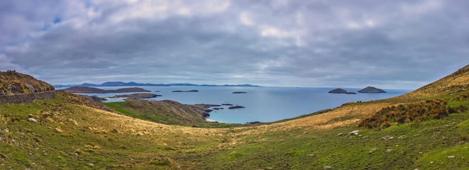 Panoramic view of the beautiful coastal seascape in County Kerry, along the Ring of Kerry route, Ireland
