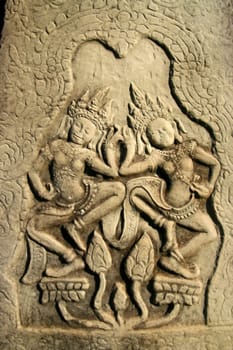 Detailed carving in one of the Angkor temples in Cambodia