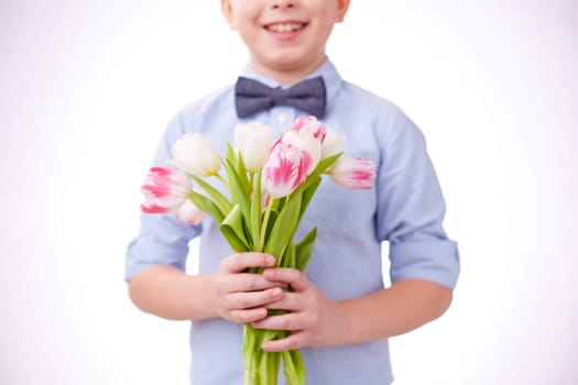 Close-up of cut tulips in hands of a child