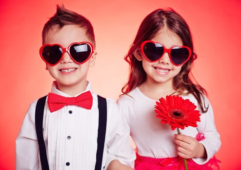 Portrait of stylish children in sunglasses