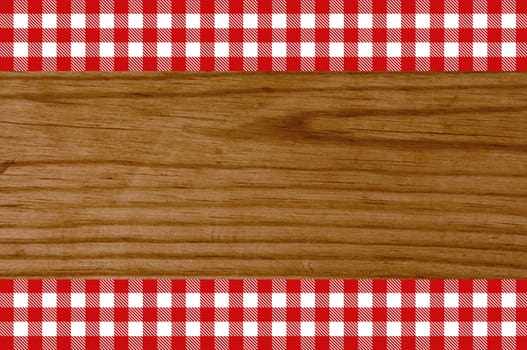 Wooden background with two tablecloth stripes red white
