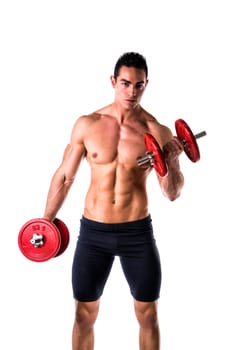 Muscular sexy shirtless young man exercising biceps with dumbbells, isolated on white
