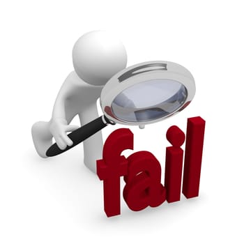 3d man with a magnifying glass searching a fail