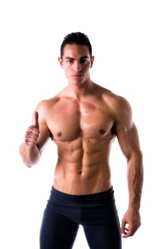 Shirtless muscular and attractive young man with thumb up doing OK sign